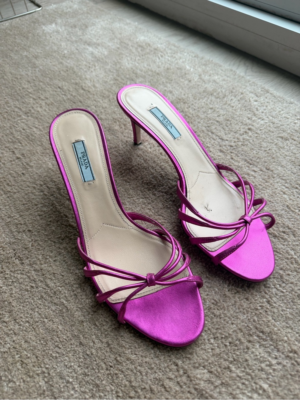Prada Fuchsia Satin Strappy Kitten Heel Sandals